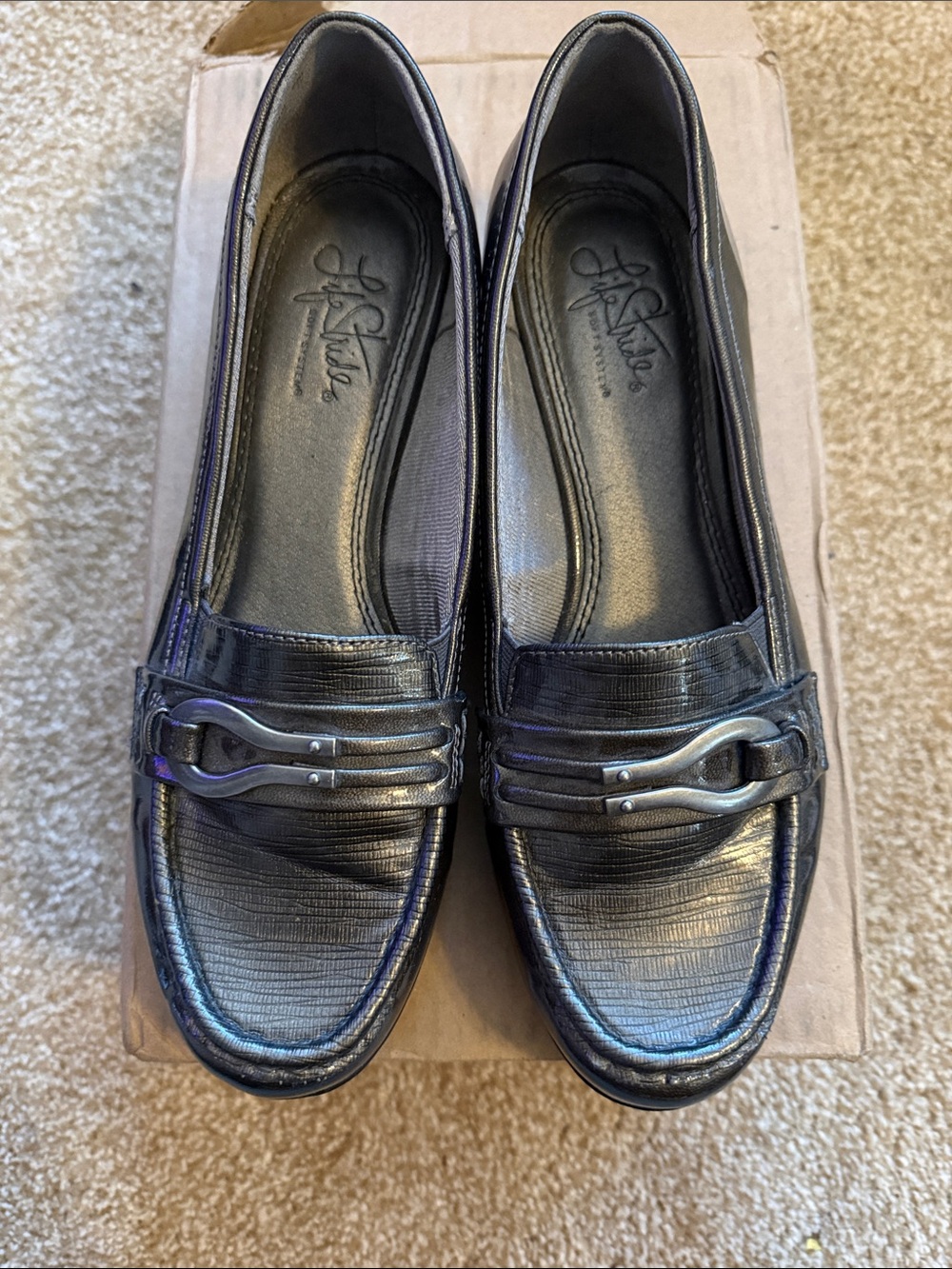 LifeStride Gunmetal Textured Leather Loafers with Metal Bit 10 Wide